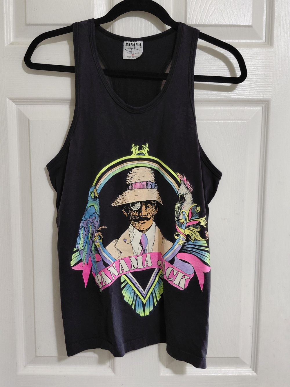 Vintage Panama Jack Black Graphic Tank with Neon Tropical Print